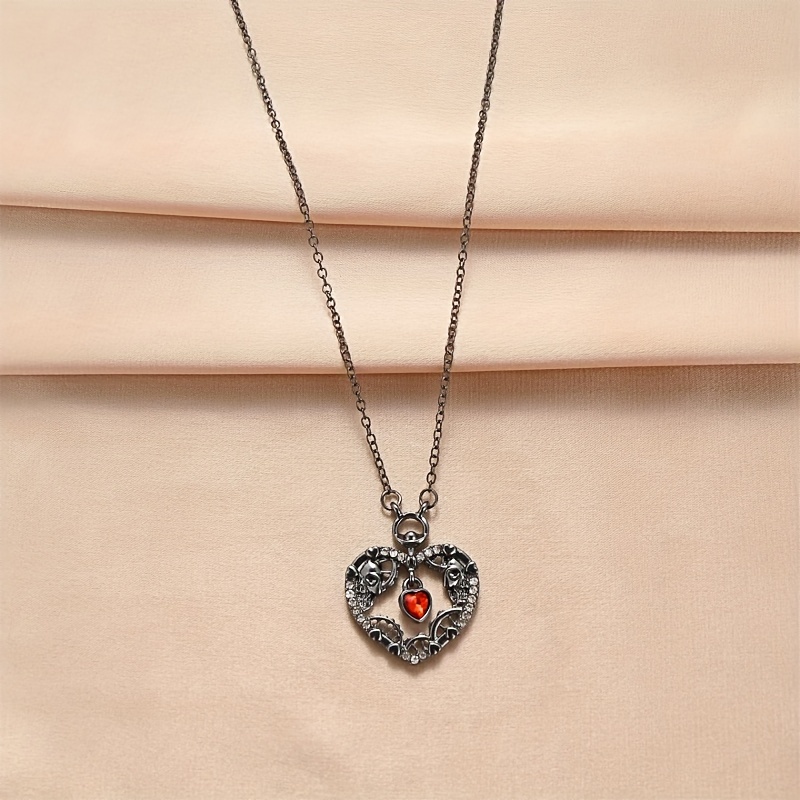 Steampunk Skull Necklace Heart Ruby Pendant Necklace